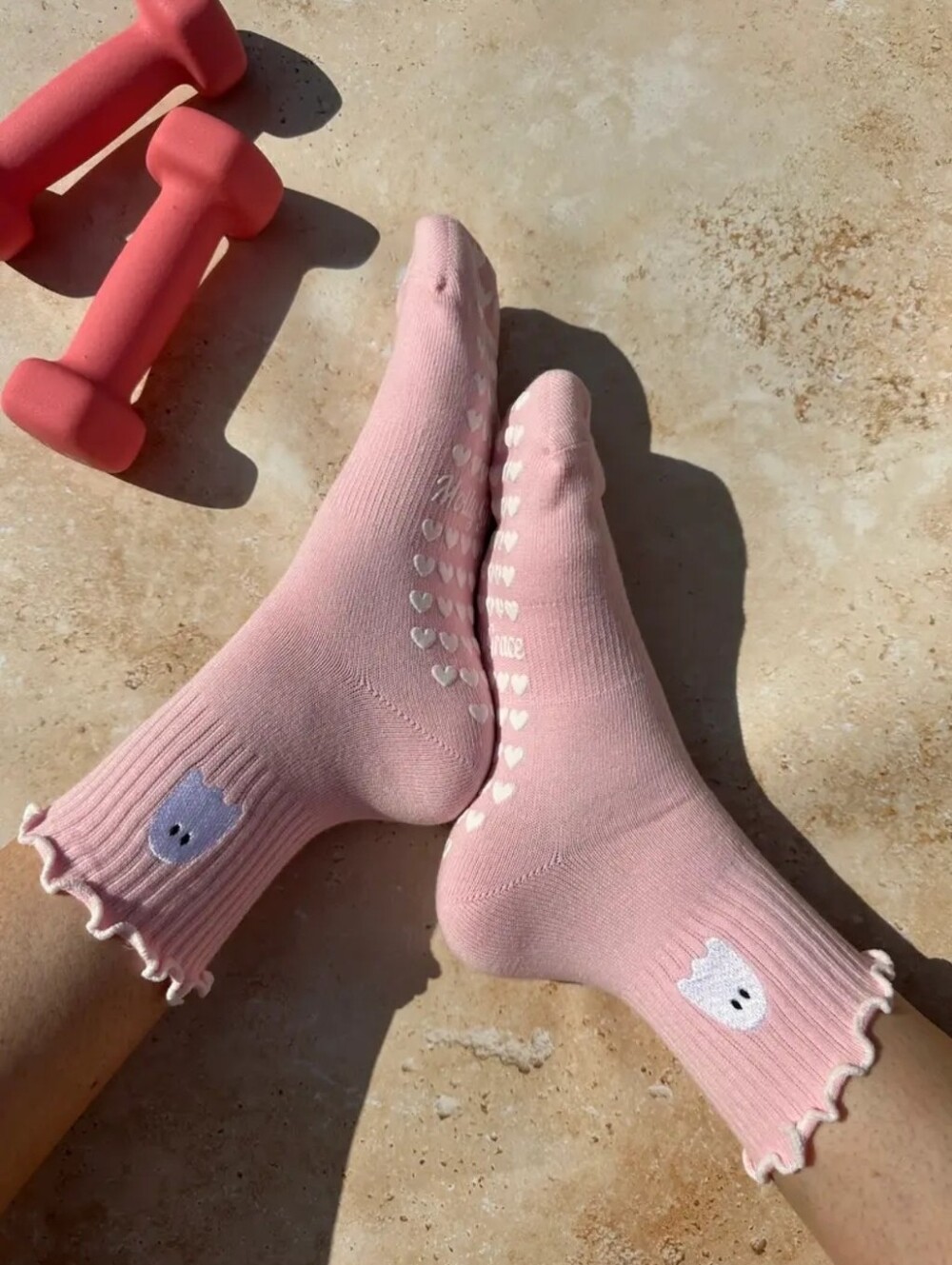 Girls' Pink Grip Ruffled Ankle Socks with Ghost Embroidery